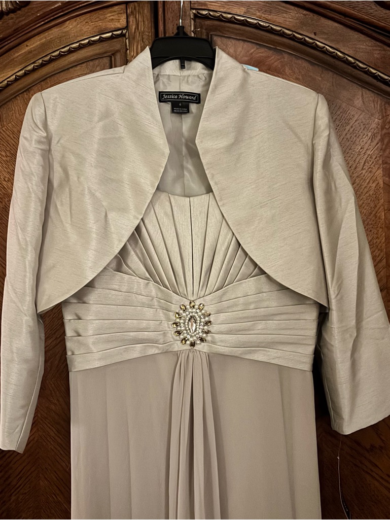 Jessica Howard Champagne Taupe Maxi Dress With Cropped Bolero And Jeweled Waist
